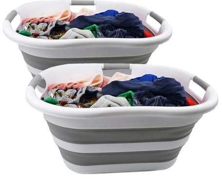 SAMMART 40L zusammenklappbarer Wäschekorb aus Kunststoff – platzsparender Aufbewahrungsbehälter/Organizer – tragbare Waschwanne – faltbarer Pop-Up-Wäschekorb/Korb (2, Weiß/Grau)