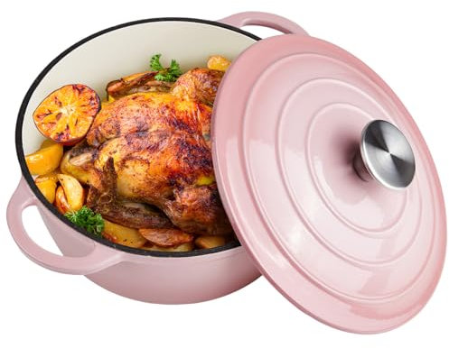 6 Quart Dutch Oven Enameled Cast Iron with Lid - Big Dual Handles - Oven Safe up to 500°F - Classic Round Pot for Versatile Cooking Pink