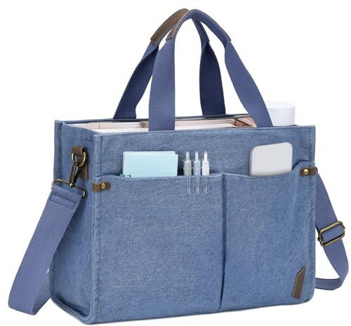 VASCHY Tote Bag Mujer Casual con Cremallera, Bolso Universidad Portátil de Lona Correa Desmontable Multibolsillos para Trabajo Viaje