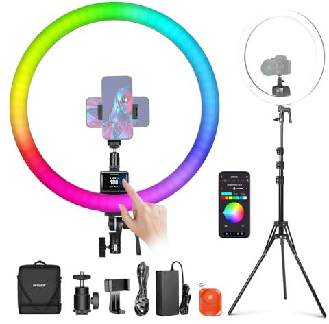 NEEWER SRP18C RGB LED Ring Light Kit, Ultra Slim App Control with Reversible Light Stand, Holder, Ball Head, 2500K-10000K, CRI 95+/TLCI 97, 3700lux/0.5m, 18 Scenes for TikTok/Makeup/Gaming