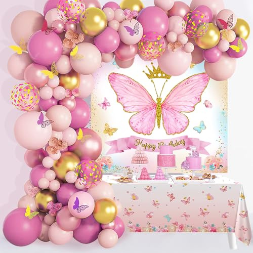 Luftballon Girlande Schmetterling Rosa Gold Set, 101pcs Schmetterling Deko Geburtstag Mädchen mit Ballon Girlande Pink Gold Aufkleber Hintergrund Tischdecke für Prinzessin Geburtstag