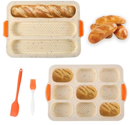 Silicona Molde Pan, 2 Piezas Silicona para Baguette, Mini Baguette Hornear Bandeja, con Cuchillo de Silicona y Pincel, pour Bake Bread, Color
