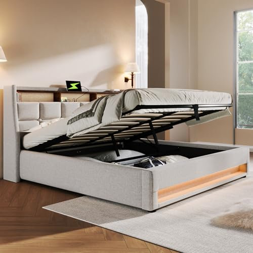 KEYIDE Polsterbett 180x200, LED Doppelbett mit Stauraum und Lattenrost, Kopfteil mit Staufach und USB-Ladefunktion, Hydraulisch Stauraumbett Rückenlehne Bettgestell, Ohne Matratze (Beige, 180x200)