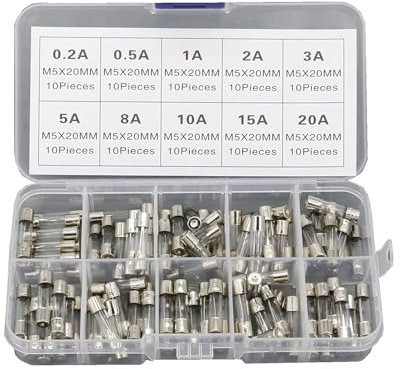 Sicherung, 100 Stück, 5 x 20 mm, flinke Glasrohrsicherung, verschiedene Kits, flinke Glassicherungen, 0,2 A, 0,5 A, 1 A, 2 A, 3 A, 5 A, 8 A, 10 A, 15 A, 20 A, 5 × 20