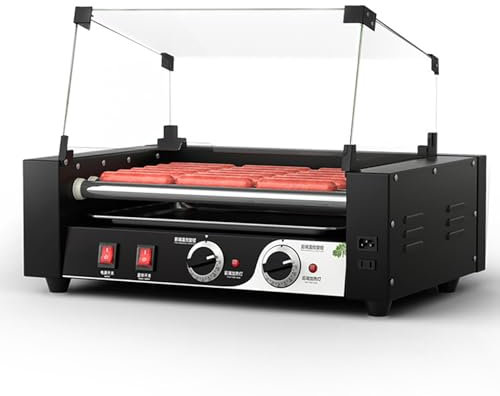 CHANGLKJ Griglia per Hot Dog Professionale, Fornello per Salsicce con Copertura in Vetro Temperato Rimovibile, Doppia Temperatura Indipendente E Doppio Controllo, Temperatura 0-250 °C Regolabile