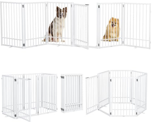 HIDOG Metal Freestanding Dog Gate with Door, Extra Wide 121, 31 Height Foldable for Doorways, Tall Fence Indoor Pet Barrier for Stairs Hallways, 6 Panels, White