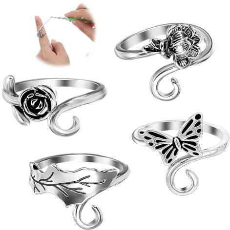 Ptwola 4-teiliger Häkel-Spannungsring zum Häkeln offener Garnführungsringhalter aus Metall verstellbarer Fingerschutz Werkzeuge Häkel-Strickbedarf Zubehör für Mutter und Oma handgefertigte Gadgets