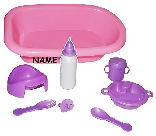 alles-meine.de GmbH 8 TLG. Set - Puppenbadewanne + Zubehör incl. Namen - bunt Kunststoff/Plastik - Babyflasche - Teller - Schnuller - Nachttopf - Puppenmutti - für Kinder Mädch..
