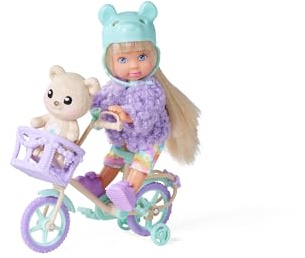 Simba Evi Love Teddy Bike, Spielpuppe mit Einer Flauschigen Jacke, mit Bärenhelm, Schuhe, Fahrrad und Teddy, 12cm, ab 3 Jahren
