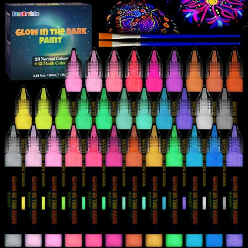 FansArriche Nachtleuchtende Farben 32×20 ml, Glow in The Dark Farbe | 3D Wasserfeste Textilfarbe, Fluoreszierende Farbe, Leuchtet im Dunkeln Stoffmalfarbe