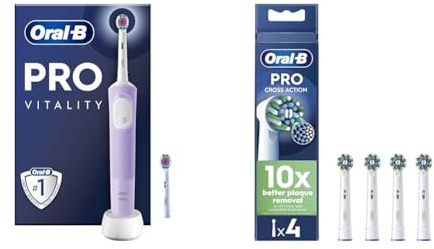 Oral-B Vitality Pro Electric Toothbrush, 1 Handle, 2 Toothbrush Heads, 3 Brushing Modes, 2 Pin UK Plug, Purple + 4 Oral-B Pro Cross Action Electric Toothbrush Heads