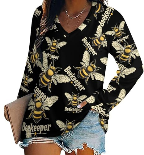 Bee Keeper Women's Long Sleeve Shirts V Neck Tees Casual Loose Tops Trendy Basic Blouse L