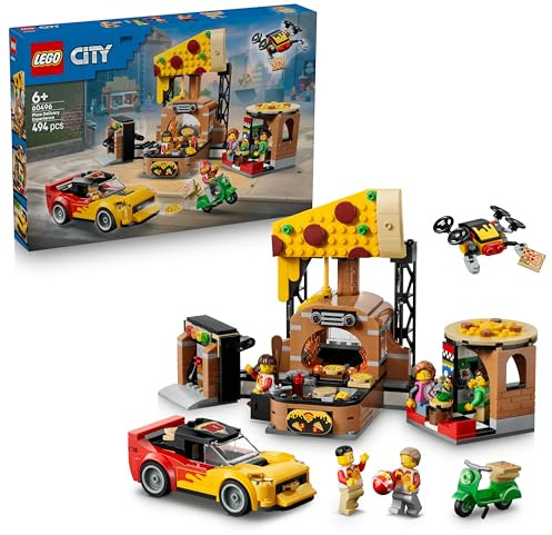 LEGO City Centro di Consegna Pizze con Veicoli - Include Macchina Giocattolo, Scooter, Drone, Cabinato Arcade e 4 Minifigure - Idea Regalo di Compleanno per Bambini da 6 Anni in su - 60496