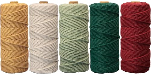 5 PCS Corde Macramé 3mm x 50m, BetterJonny Fil Macramé Macrame Corde Fil Macramé Corde Fil de Coton Naturel pour Bricolage, Artisanat,Tapisserie, Tricot, DIY Décoration (5 Couleurs-B）