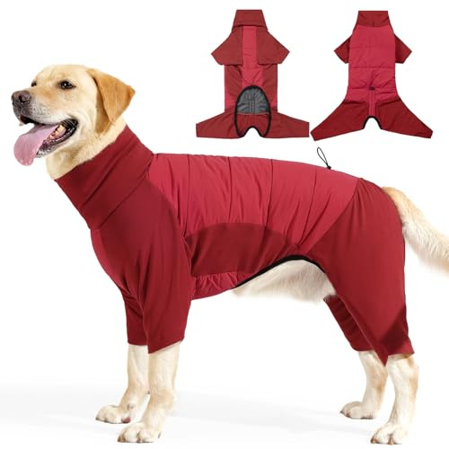 PAWIVID Winter Hundemantel mit Beinen, Hundepullover Fleecefutter, Hundejacke mit Rollkragen, Warmer Ganzkörper-Pyjama mit Loch für die Leine für Kleine, Mittelgroße und Große Hunde (Rot, S)
