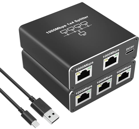 Tendak LAN Splitter 1 to 4 1000Mbps, 1x4 Gigabit Ethernet Splitter RJ45 LAN Network Switch 4 Port with Type-C Power Cable for Computer, Digital TV, Hub, Router, Set-top Box, Switch