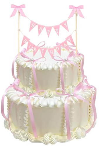 Muorruo 11 Stück Kuchendekoration mit Schleife und Wimpelkette „Happy Birthday“ mit Holzstange, handgefertigte Wimpelflaggen mit Schleife für Geburtstag, Brautparty-Dekoration (Rosa)