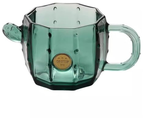 CFY652 Vasos Agua Vasos con forma de cactus en relieve, vaso vidrio transparente verde soplado a mano asa, 10 oz Vaso de Cristal