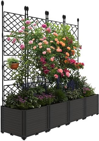 Aptliton 4 PCS Raised Garden Bed with Trellis, 125X41X160 CM Plastic Planter Box for Climbing Plants, Outdoor Vertical Garden with Privacy Screen for Patio, Balcony, Backyard – Sturdy & Lightweight