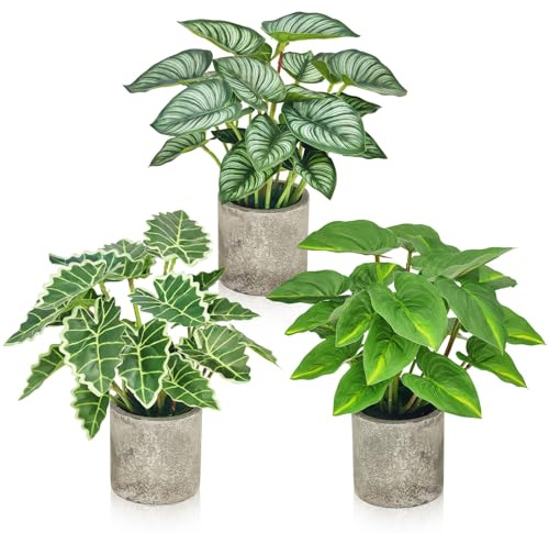 SHEPIN 3 Stück Kunstpflanze Wie Echt, Künstliche Pflanzen im Topf Zimmerpflanzen, 24cm Kunstpflanzen Dekopflanze Fake Plant Plastik Pflanze für Badezimmer Büro Küche Badezimmer (Zellstoffbecken)