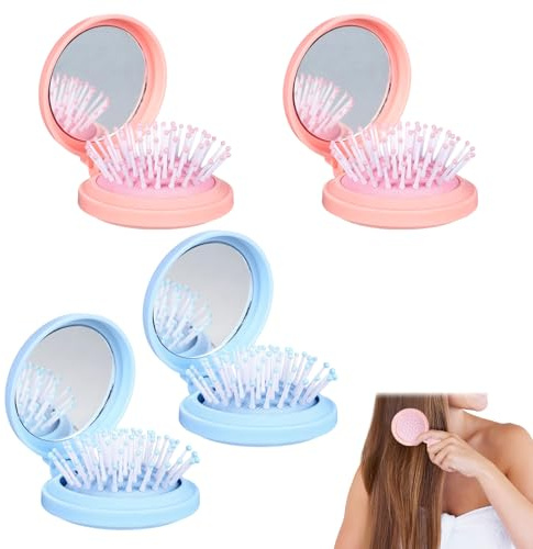 HUILLIGHT Paquete de 4 Mini cepillos Plegables para el Pelo con Espejo Integrado, Peine Redondo portátil tamaño de Viaje, diseño Compacto para Bolso, Accesorio práctico de Cuidado capilar Diario
