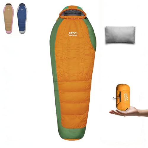 HLITMOUT Ultraleicht Daunenschlafsack mit Kissen | Leichter und Kleiner,3~4 Jahreszeiten,680FP Daune, Mumienschlafsack,Wandern und Trekking