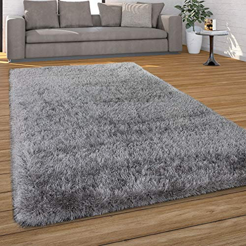 Paco Home Hochflor Teppich Wohnzimmer Schlafzimmer Shaggy Weich Modern Pastell Einfarbiges Design, Grösse:160x230 cm, Farbe:Grau