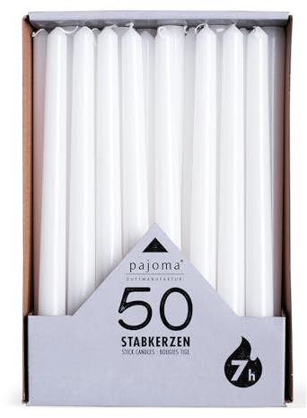 pajoma® Stabkerzen Weiß 50 Stück | Höhe 25 cm, Brenndauer ca. 7 Stunden | Duftfrei, vielseitig einsetzbar für Kerzenhalter, Deko & festliche Anlässe