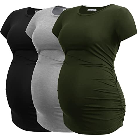 Smallshow Damen Umstands-Top, seitlich gerüscht, Tunika, T-Shirt, Schwangerschaftskleidung, Schwarz/Hellgrau/Armeegrün, X-Groß