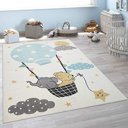 Paco Home Alfombra Pelo Corto Habitación Infantil, Elefante, Oso, Globo, Luna, En Beige, tamaño:80x150 cm
