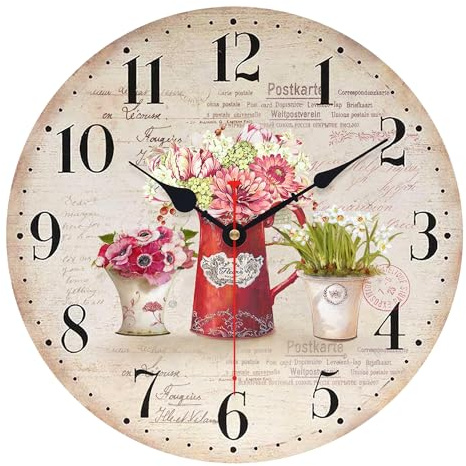 TAHEAT 34 cm Bunt Blumen Wanduhr, Hölzern Rustikal Land Uhren, Dekorativ Genau Leicht zu lesen Wanduhr für Wohnzimmer/Schlafzimmer/Bad/Küche Dekor