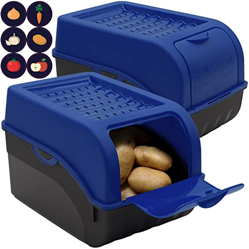 ARTECSIS® Juego de 2 cajas para patatas con tapa, 4 kg, azul real – Recipiente para verduras con 6 etiquetas