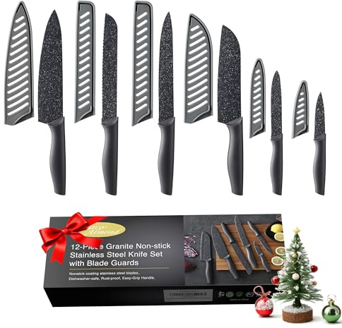 Marco Almond Kitchen Knife Set, KYA39 12-Piece Chef Knife Sets, 6 Knives with 6 Blade Guards, Stainless Steel Knives Set for Kitchen with Covers, Black