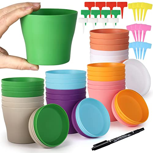 Happybase 10.2 cm Blumentöpfe, 24 Stück, Kleiner Kunststoff-Blumentopf mit Untertassen, Setzlinge, Kinderzimmer, Übertopf mit Palettenpflanzen, Garten-Behältern