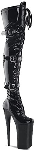WOkismD 7,8 '' Heels Overknee-Stiefel für Damen Plateau High Heels Oberschenkellange Stiefel Sexy Fetisch Heels Pole Dance Stripper Perform Schuhe mit Gürtelschnalle Schnüren,Schwarz,45