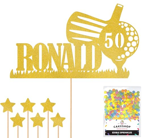 Personalised Golf Golfer Glitter Cake Topper - Gold Custom Age & Name Glitter Cake Decoration and Sprinkles - Happy Birthday Decorations - Personalised Toppers for Cakes by Cakeshop