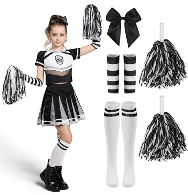 Spooktacular Creations Halloween-Cheerleader-Kostüm für Mädchen, Böser Geist-Kostüm für Kinder, Totenkopf-Grusel-Cheerleader-Outfit mit Zubehör für Mädchen-Halloween-Partys, Rollenspiele