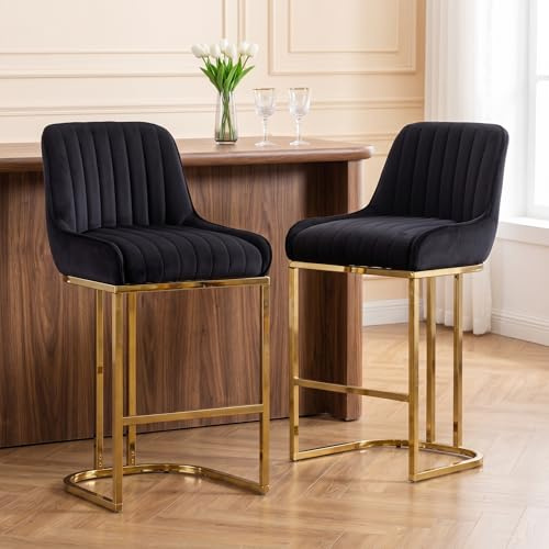 chairus Barstolar set med 2 sammet kök frukost höga barstolar med ryggstöd matpallar med metallben (svart 2)