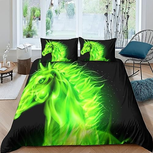 Set di biancheria da letto con copripiumino e 2 federe, con stampa 3D, motivo cavalli e fiamme infuriate, in ultra microfibra, con cerniera, 3 pezzi, per ragazzi e ragazze (200 x 20 cm)