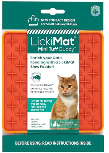 LickiMat Mini Tuff Buddy Cat Food Mat, Cat Slow Feeder for Boredom & Anxiety Relief for Cats, Perfect for Food, Treats, Yoghurt & Peanut Butter, Fun Alternative to a Slow Feeding Bowl, Orange