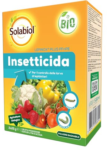 Solabiol Lepinox Plus PFnPE Insetticida Biologico a Base di Bacillus Thuringiensis Kurstaki. Elimina Larve di Lepidottero da Orto e Giardino 50g
