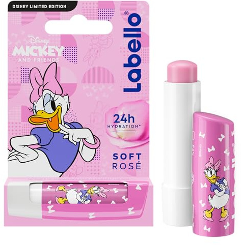 LABELLO Soft Rosé Daisy Duck Limited Edition Disney (1 x 5,5 ml), Feuchtigkeitsspendender Perlmutt-Lippen-Stick für Kinder, pflegender Lippenbalsam mit langanhaltender Feuchtigkeit