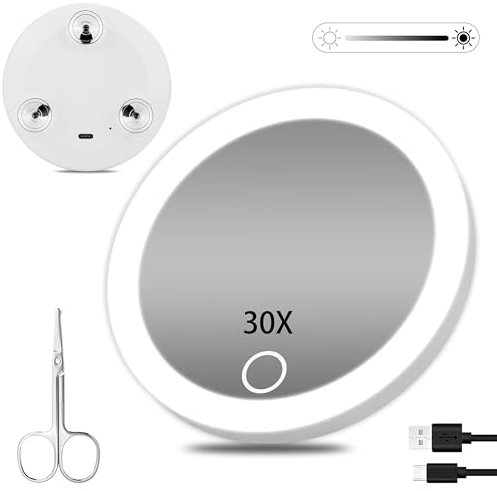 JJhxr Specchio ingranditore 30X con luci, specchio da viaggio da 10,2 cm con 3 ventose, specchio ingranditore con luce, regolazione regolabile delle luci, specchio ingrandimento 30x per trucco