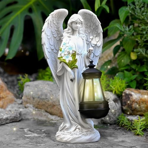 Tuzsocr Statue da giardino a forma di angelo custode con lanterna solare a LED, decorazione per esterni, resistente alle intemperie, per cimitero, scultura d'angelo, giardino, terrazza, davanzale, 33