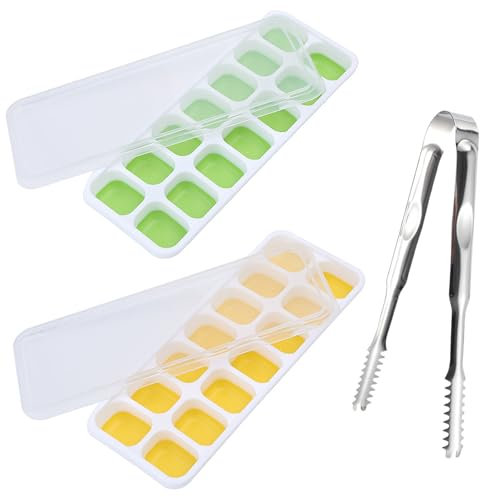 2pcs de Bandeja para Cubitos de Hielo, Moldes de Silicona para Hielo, Cubiteras para Hielo sin BPA, Molde Hielo 28 Hielo Cubitos, Cubitera Hielo Silicona con Tapa, Reutilizables (Verde,Amarillo)