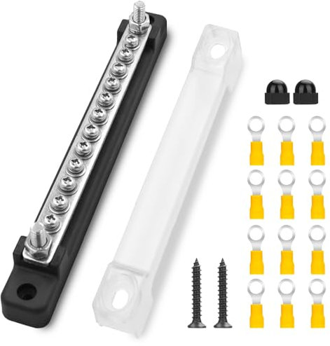 Sammelschiene Verteilerblock Sammelschienen 12V-48V DC Busbar Sammelschienenblock 150A Stromverteilungsblock mit 12 x M4 Klemmenbolzen für Auto LKW Yacht Boot Schwarz