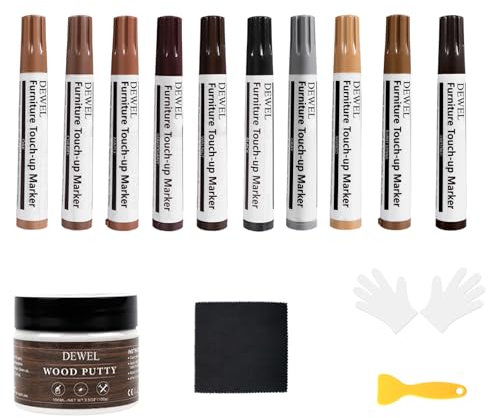 DEWEL Reparatur-Set für Parkett, Holzmarker in 10 Farben, 50 g weißer Holzspachtel + 50 gm Holzspachtel in Nussbaumfarbe zur Reparatur von Problemen mit Holzmöbeln