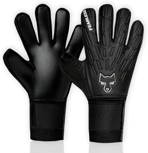 FEARLESS GOALKEEPERS Wolf V Onyx Torwarthandschuhe mit Fingersave – Profi Fußball Torwarthandschuhe Kinder & Erwachsene, Rollfinger Schnitt, Starker Grip bei Regen, Herausnehmbare Schienen