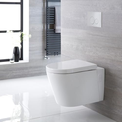 Milano Ballam White Wall Hung Round Toilet Tall Frame Dual Flush Cistern - White Round Plate