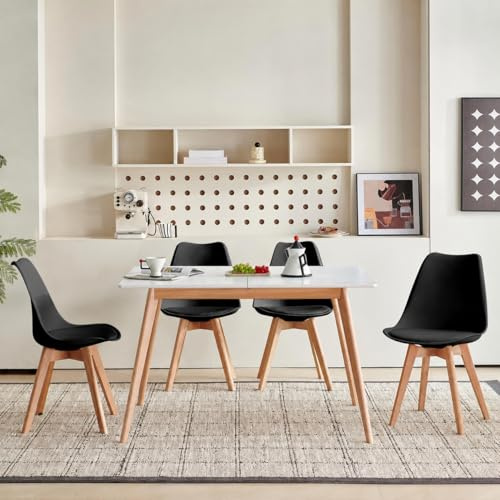 H.J WeDoo Esstisch Ausziehbar mit 4 Stühlen Esszimmergruppe, Rechteckig Küchentisch und 4er Set Esszimmerstühle Essgrupp für Wohnzimmer Küche Büro(120-160cm Weiß Tisch+4 Schwarz Stühle)